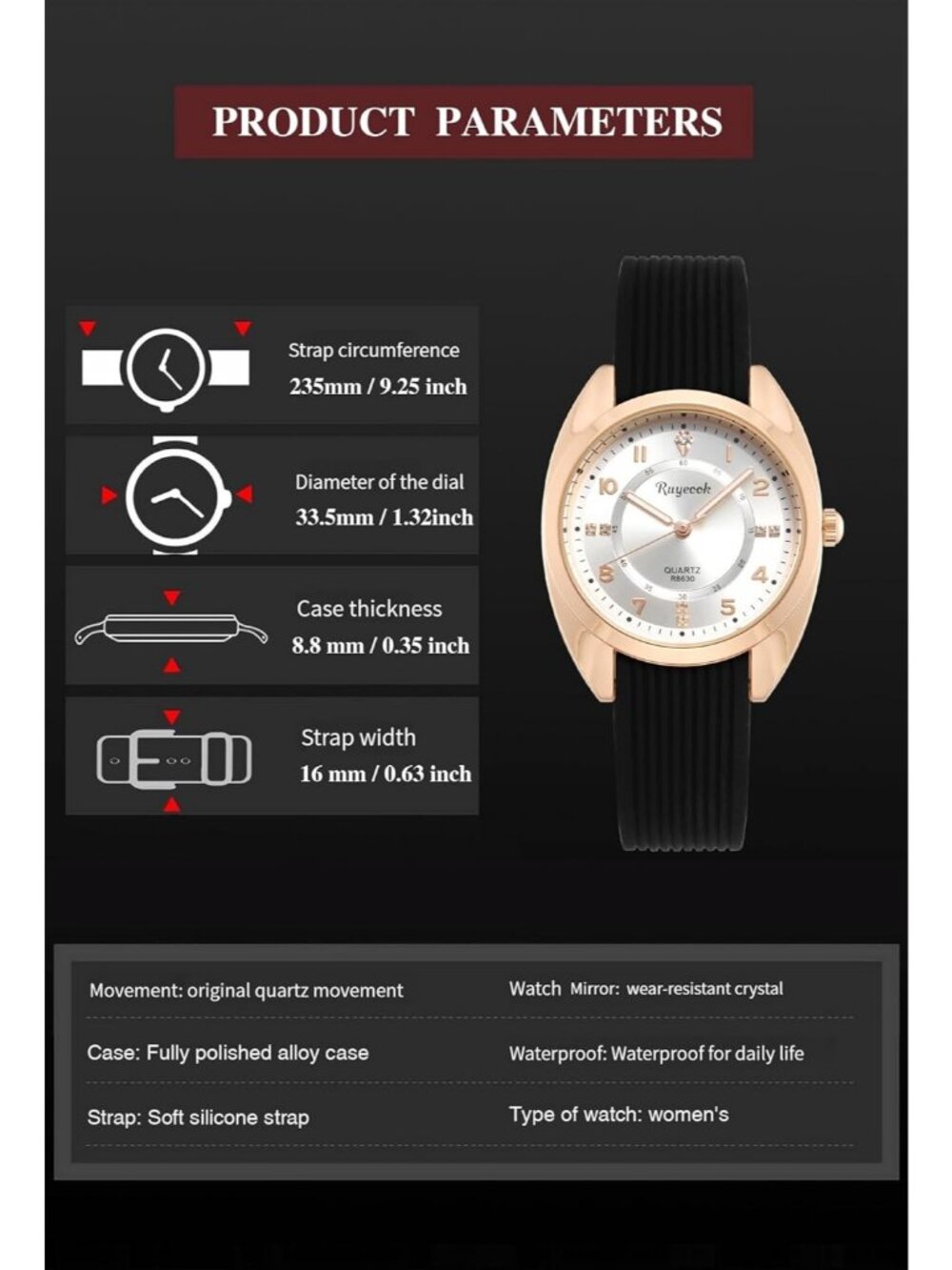 Women's Black White Analog Quartz Elegant Silicone Band Waterproof Wrist Watch - Picture 5 of 6